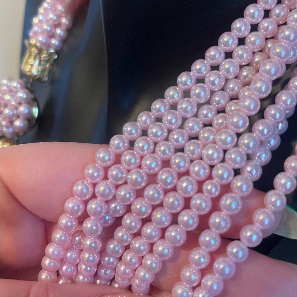 Vintage Japan Pink Pearlescent Multi-Strand Decorative Box Clasp Necklace - Picture 6 of 9